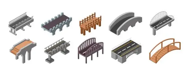 Vector illustration of 3D isometric road. Bridge construction. River footbridge. Concrete viaduct rail in perspective. Wooden or stone. Drawbridge with asphalt carriageway. Vector city landscape elements set