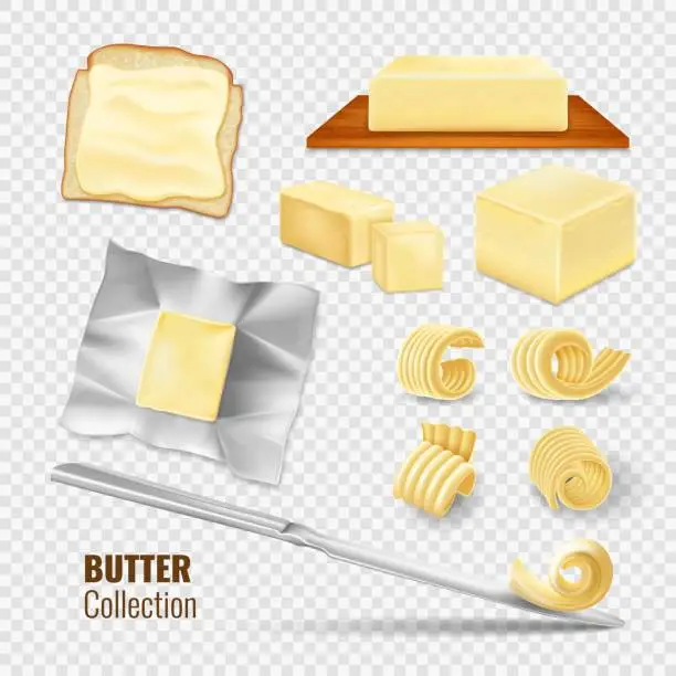 Vector illustration of 3d butter block, milk bar. Buttery package for breakfast, creamy milky product, calories and cooking ingredients. Natural dairy pieces and slices, bread with knife. Vector realistic set