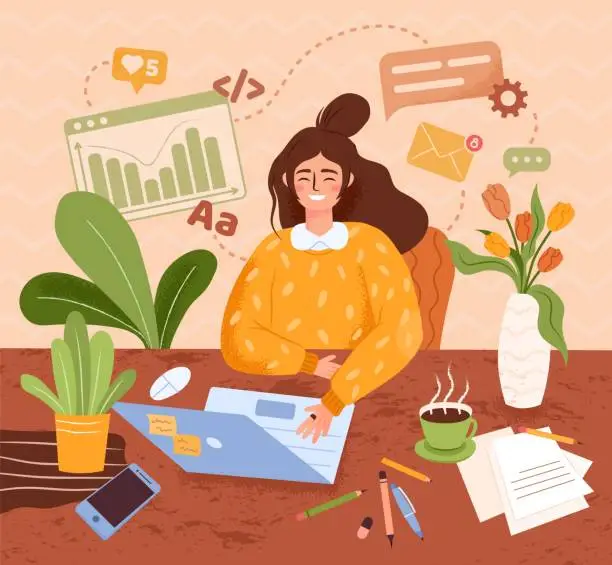 Vector illustration of Freelance work. Home office. Woman at computer. Developer or secretary job. Female sitting at desk. Business marketing. Flowers and stationery on table. Vector cartoon illustration