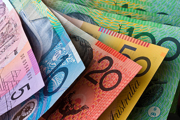 Australian Currency "Stock Photo of Australian Money, Five, Ten, Twenty, Fifty and One Hundred Dollar Notes" australian culture stock pictures, royalty-free photos & images