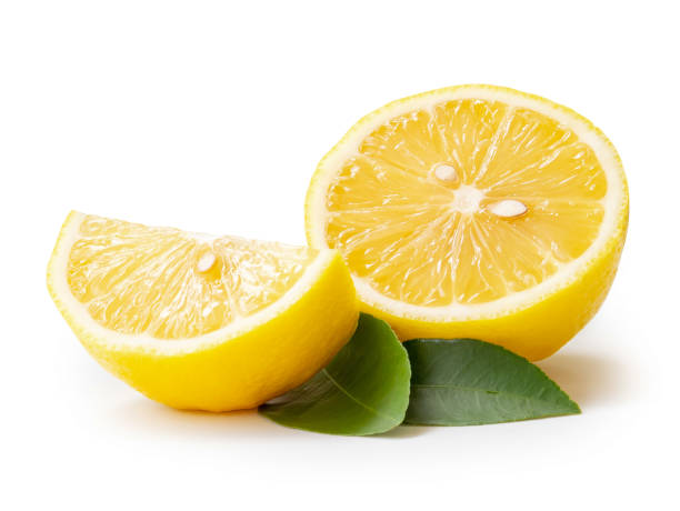 istock Front view of beautiful yellow lemon half with slice isolated on white background with clipping path 1746631148