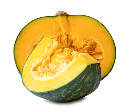 Fresh kabocha or green japanese pumpkin half with slice or quarter is isolated on white background with clipping path.