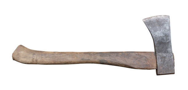 istock Old rust dirty dark gray axe with brown wooden handle isolated on white background with clipping path 1746631694