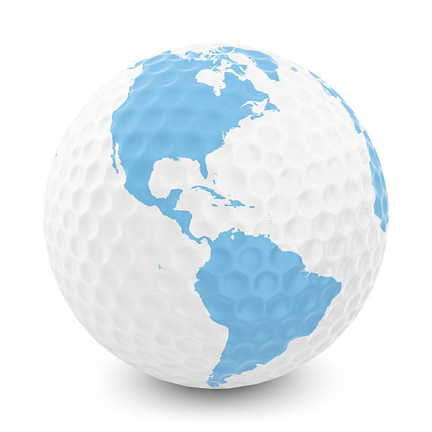 Golf ball character holding world globe isolated on white background. 3d illustration