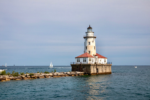 Old lighthouse on Lake Michigan off the coast in Chicago, Illinois, USA