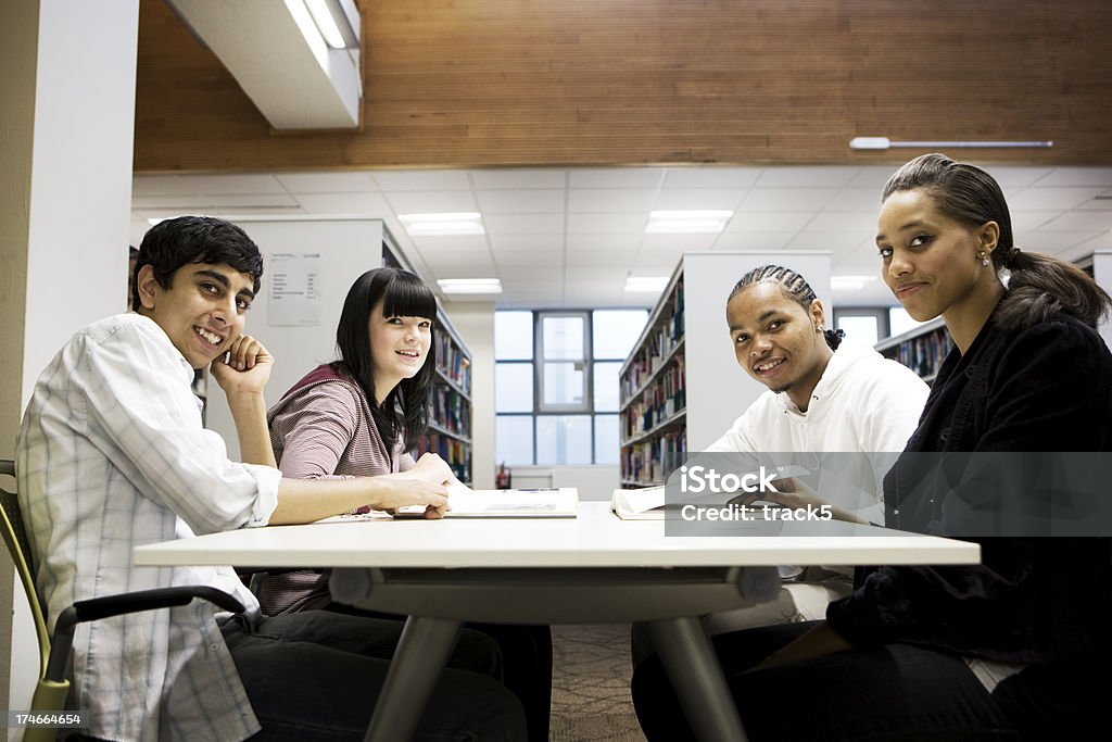 further education: group work A group of teenage students enjoying their studies in their college library. 16-17 Years Stock Photo