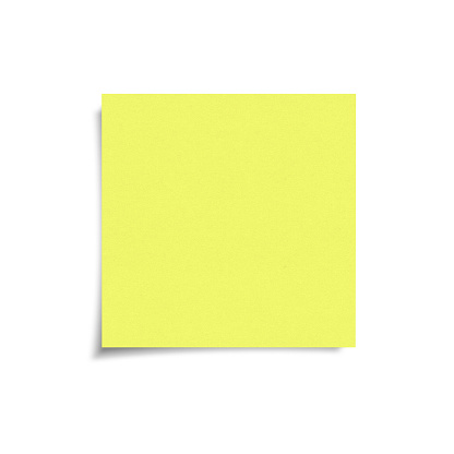 Yellow sticky note with shadow isolated on white background, front view adhesive paper with copy space
