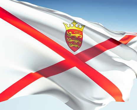 Jersey flag waving in the wind. Elaborate rendering including motion blur and even a fabric texture (visible at 100%).