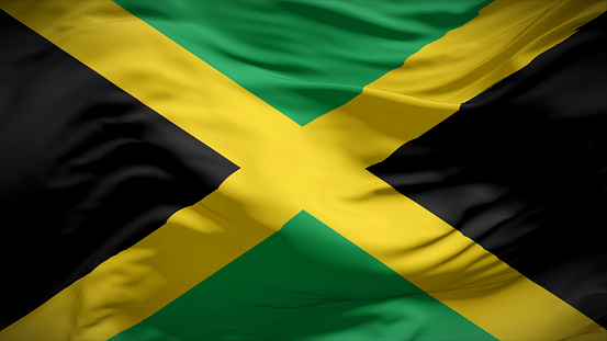 3d illustration flag of Jamaica. Close up waving flag of Jamaica.