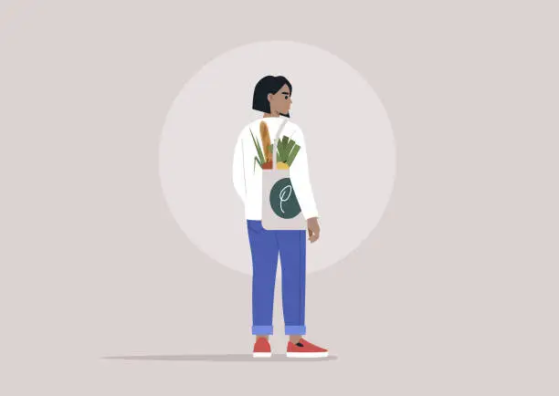 Vector illustration of A young character with a multiuse canvas shopping bag, engaged in the routine of grocery shopping, representing an everyday scene