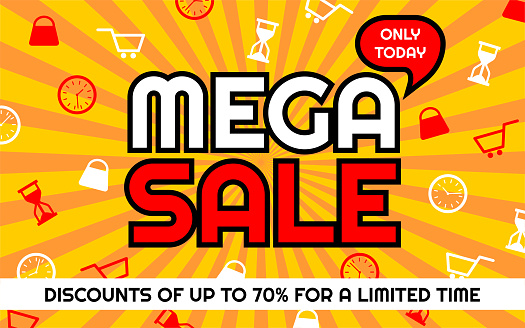 Mega Sale Advertising Banner, Template Red and White, Shop and Time Icons, Sunburst Orange and Yellow Background, Removable Texts to Edit, Only Today, 70% off.
