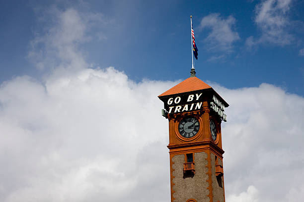 istock Union Station tower at railroad depot under cloudy, blue sky 174666095