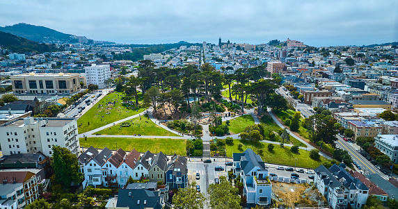 Aerial stock photo of a suburban neighborhood in Pacifica, California on the Coast.