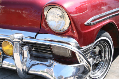 close up of red classic american car