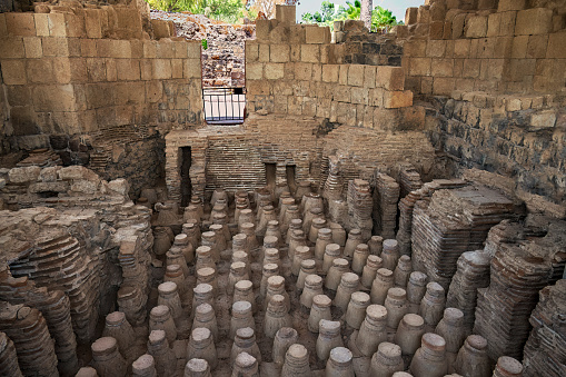 Galilee, Israel - August 13, 2023: Ancient Bath Ruins in the Old Scythopolis, Beit She'an, Galilee, Israel