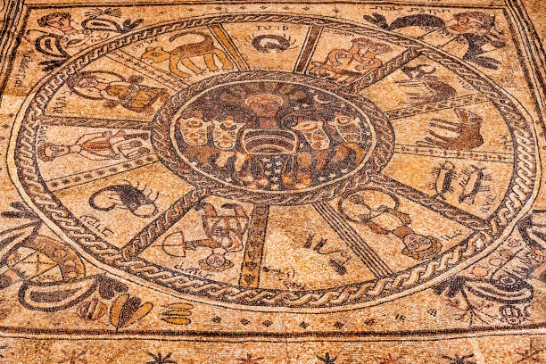 Beit Shean, Israel - August 13, 2023: Beit Alpha, an ancient synagogue from the Byzantine period, where a mosaic floor was found, including an illustration of the zodiac.