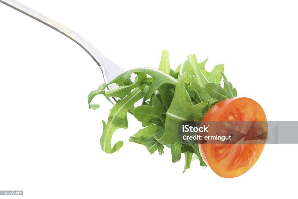 Rucola und Tomaten auf Gabel - Lizenzfrei Extreme Nahaufnahme Stock-Foto