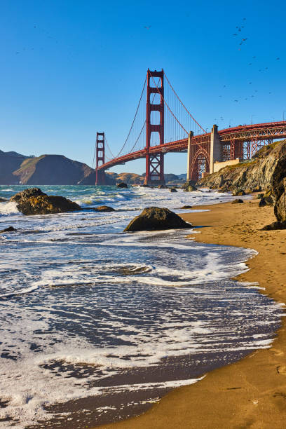 istock Boulders on sandy beach with crashing waves and seafoam and distant Golden Gate Bridge 1746683059