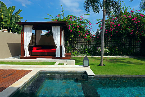 Tropical cabana (gazebo) and swimming pool (XXXL) stock photo