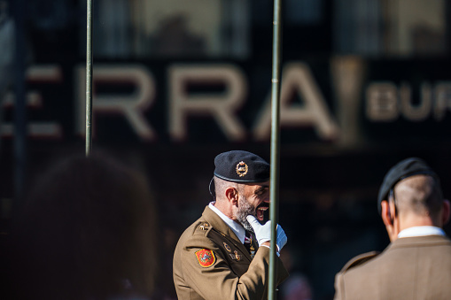 Madrid, Spain - October 12, 2023: Officer of the Army with beret during the parade of the armed forces on the day of the Spanish National Holiday.