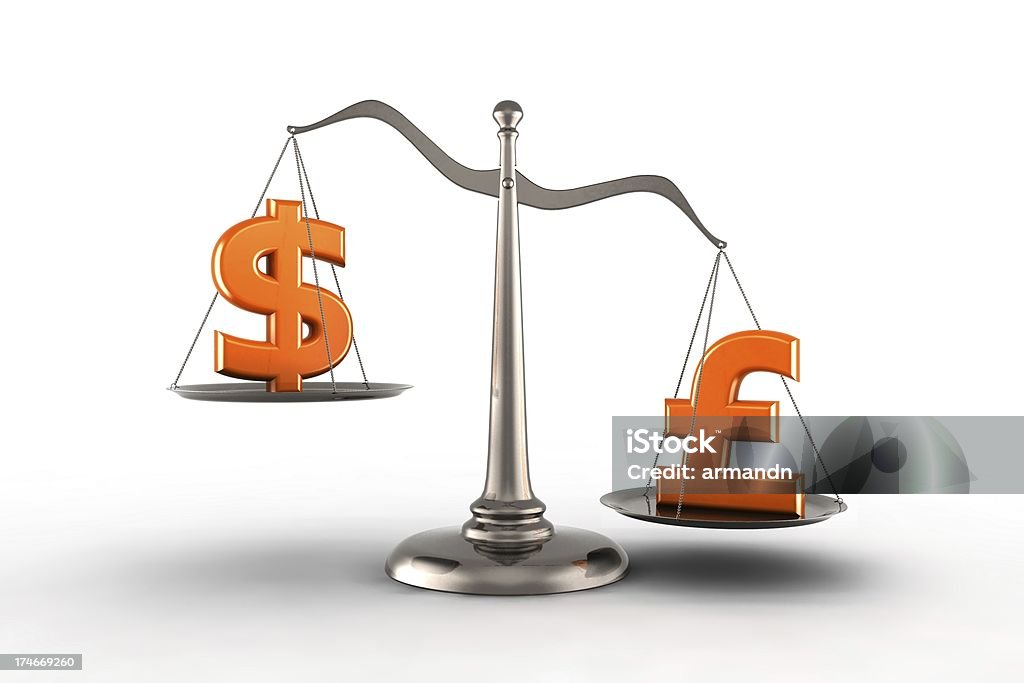 Dollar vs Pound Scales with US Dollar and British Pound symbols. The dollar is above - pound is heavier. Very high detail including in chains and reflection. Abstract Stock Photo