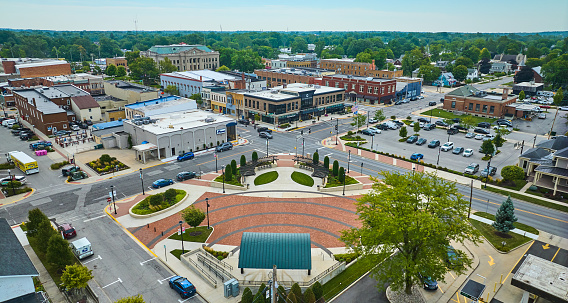 Image of Downtown Auburn with James Cultural Plaza and distant courthouse aerial