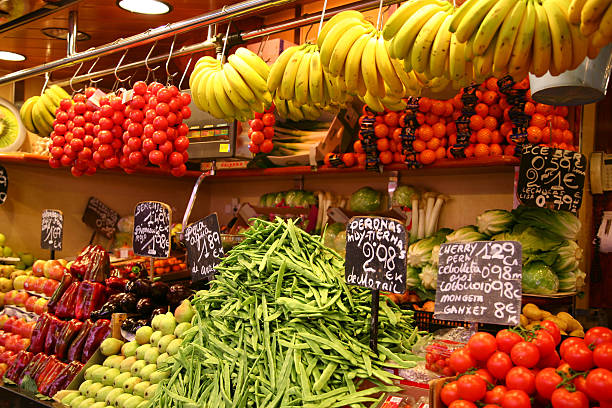 Fruits and vegetables market stall stock photo