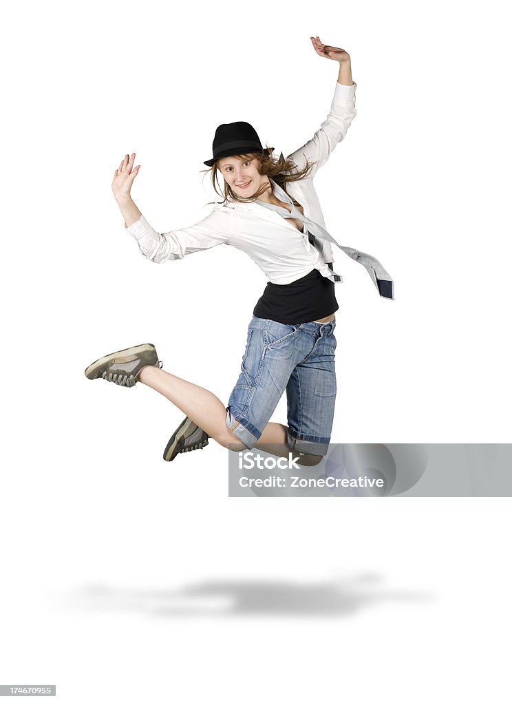 Ballerino hip-hop ragazza salto isolato su bianco - Foto stock royalty-free di Adolescente