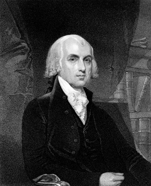 Portrait of President James Madison This vintage engraving depicts one of the Founding Fathers of the United States, James Madison (1751 - 1836), the 4th President of the United States. He also served in Congress, was Thomas Jefferson's Secretary of State, and is considered the Father of the Constitution as its primary author. Engraved by W. A. Wilmer after the painting by Gilbert Stuart (1755 - 1828). Published in an 1865 collection of American portraits, it is now in the public domain. Digital restoration by Steven Wynn Photography. us president stock illustrations