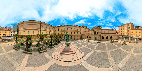 Ajaccio, Corsica, France - June 2022: Aerial view of 360 degrees panorama of Fesch museum yard with statue of cardinal Fesch and Imperial Chapel or Palatine Chapel. Ajaccio capital city of Corsica
