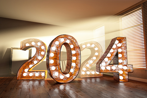 2023 Light Bulb Sign with Sunbeam Through the Window. 2024 New Year Concept. 3D Render