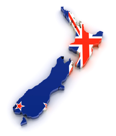 Map of New Zealand with flag texture.