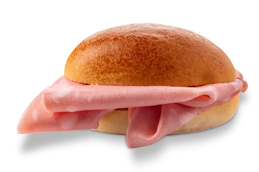 Sandwich with mortadella sausage, bun stuffed with slices of bologna isolated on white with clipping path