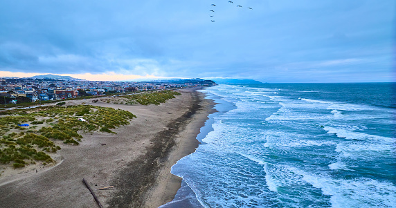 Image of Low aerial of endless ocean waves with sandy shore and birds overhead and a city on the left