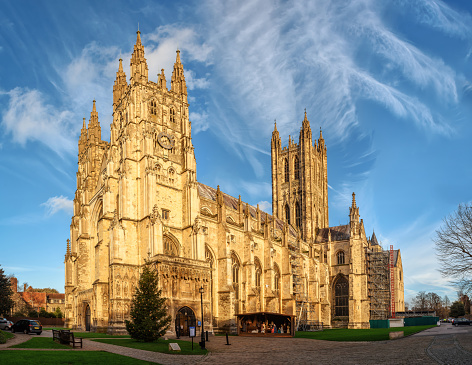 View of Canterbury cathedral in sunset rays, England