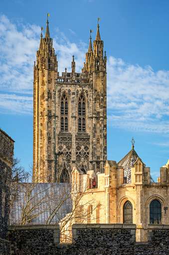 View of Canterbury cathedral with copy space in sky