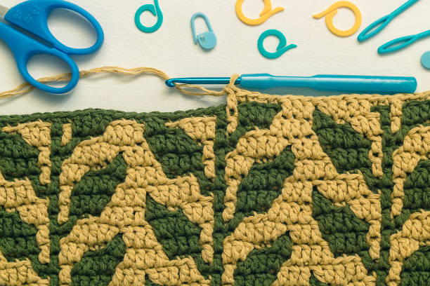 istock Crochet texture with leaves pattern and crochet tools on a white background. Handmade concept. 1746727760