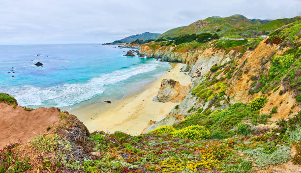 istock Panorama sandy beach cove with waves flowing onto sandy shore along Highway One 1746731021