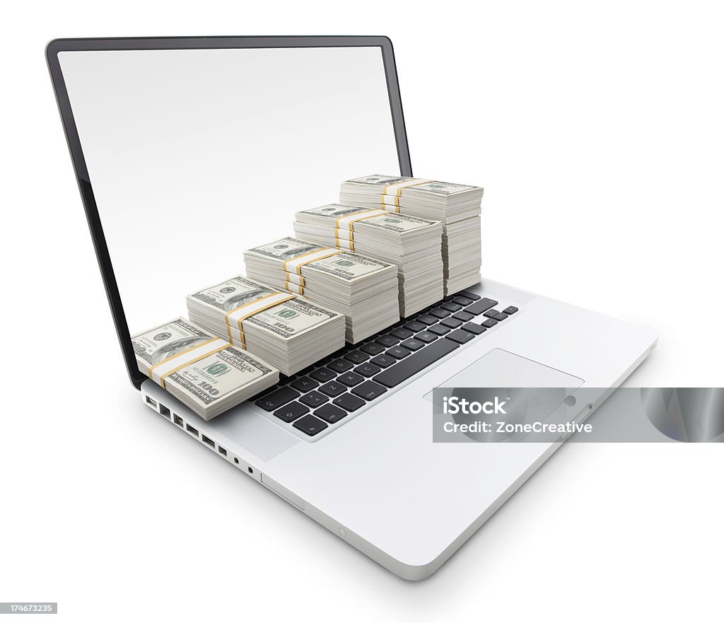 Ordenador portátil aislado moderna con un montón de dinero concepto de diagrama dólar - Foto de stock de Ahorros libre de derechos