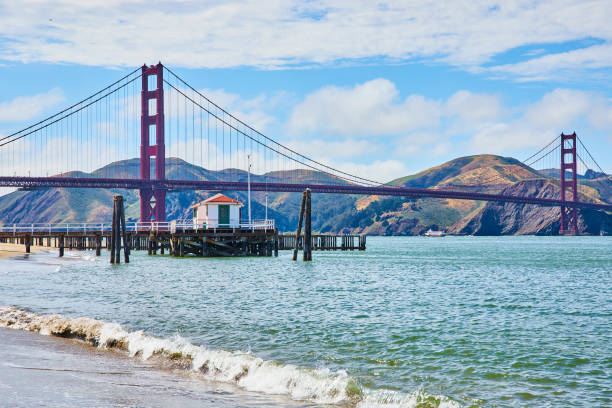 American flag waving in the wind with the Golden Gate Bridge in the background on a clear day in San Francisco, California, United States.