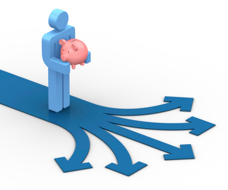 3d person holding a piggy bank thinking where to invest the savings.