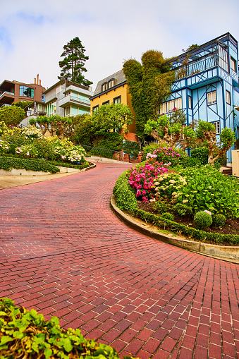 Image of Red brick road on Lombard Street with colorful flowers lining path and gorgeous houses