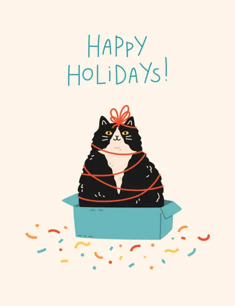 Vector illustration of Christmas and New Year holiday card with cute cat sitting in gift box