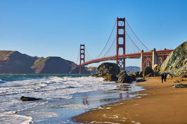 istock Sandy beach with footprints leading to red Golden Gate Bridge 1746740065