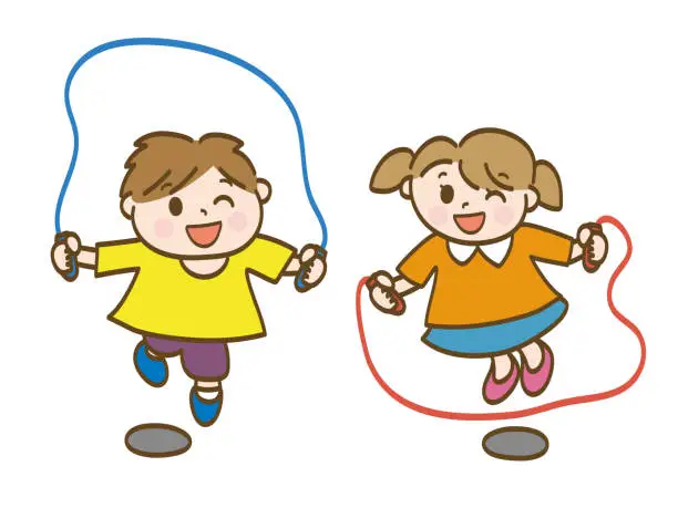 Vector illustration of Boys and girls jumping rope together __ Lower elementary school students _ Toddlers