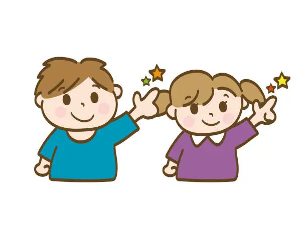 Vector illustration of Hope for tomorrow_Boy and girl pointing towards the sky_Early elementary school students_Toddler