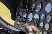 Inside helicopter, pilot panel, navigation and control instruments of aircraft