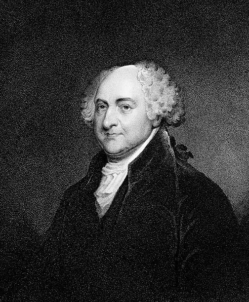 Portrait of President John Adams "This vintage engraving depicts the portrait of the second President of the United States, John Adams (1735 - 1826). He is considered one of the most important Founding Fathers of the United States. Engraved by James Barton Longacre (1794 - 1869) after the painting by Gilbert Stuart (1755 - 1828). Published in an 1865 collection of American portraits, it is now in the public domain. Digital restoration by Steven Wynn Photography." john adams president stock illustrations