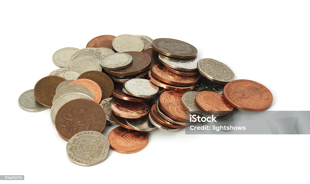 British coins "Pile of British coins: mixture of pennies, two pence coins, five pence coins, ten pence coins, twenty pence coins, fifty pence coins. Isolated on plain white background." Coin Stock Photo