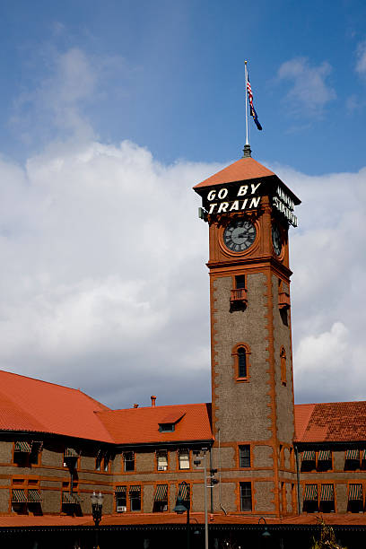 istock Union Station tower at railroad depot under cloudy, blue sky 174675533